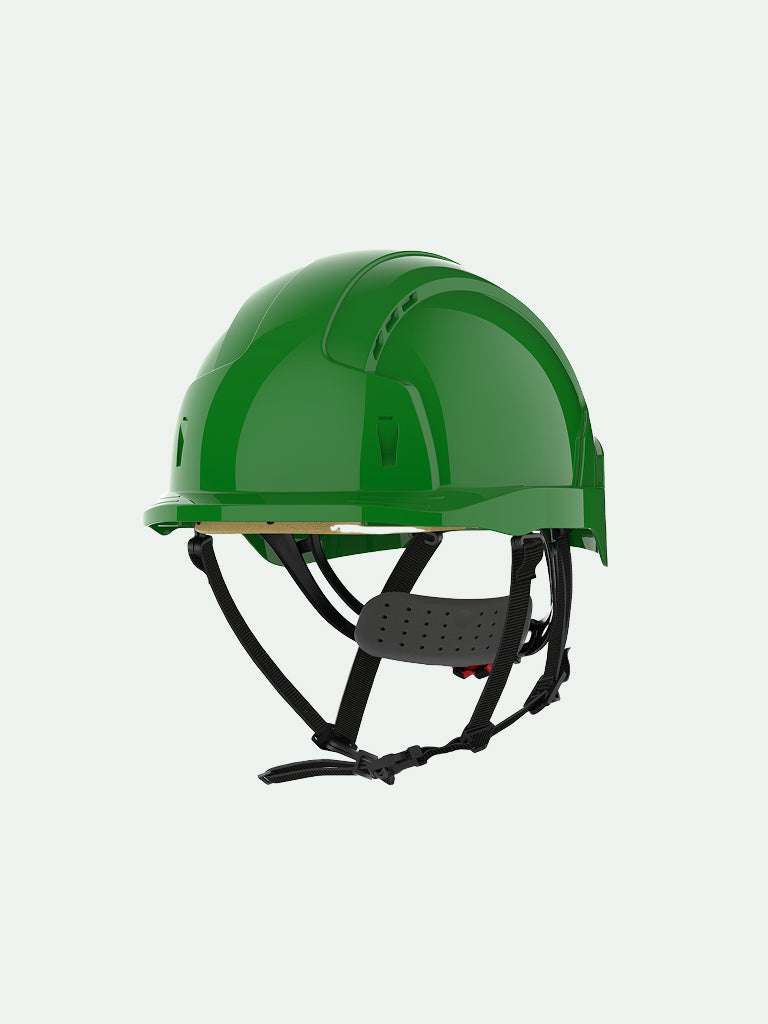 Green safety helmet with wheel ratchet for industrial work