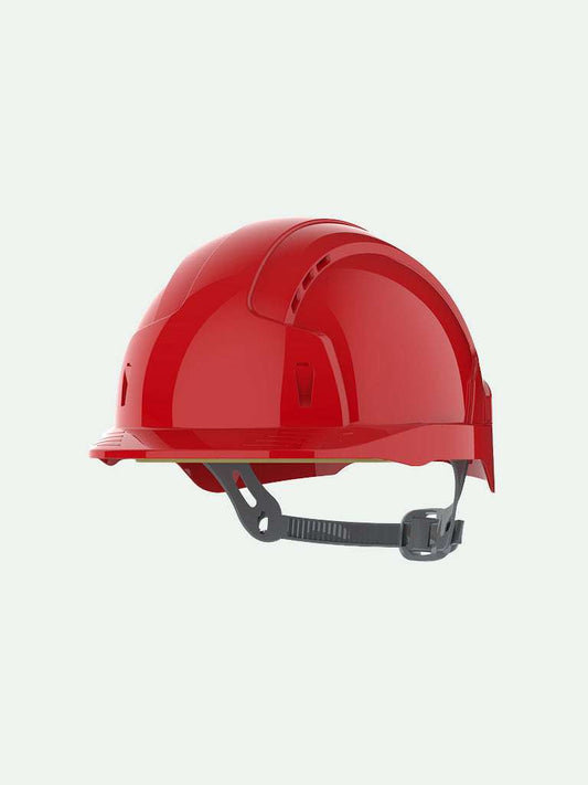 Red safety helmet with slip ratchet