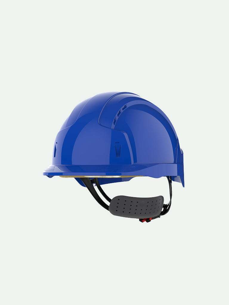 Blue safety helmet with wheel ratchet