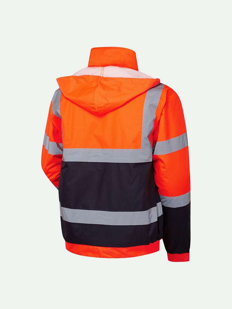 Hi-Vis Two Tone Bomber Jacket in orange and navy rear view