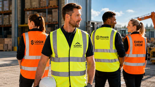 4 people wearing branded hi vis vests in yellow and orange