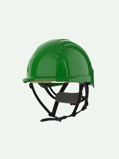 Green safety helmet with wheel ratchet for industrial work
