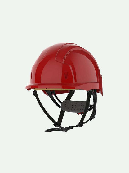 Red safety helmet with secure fit for work safety gear