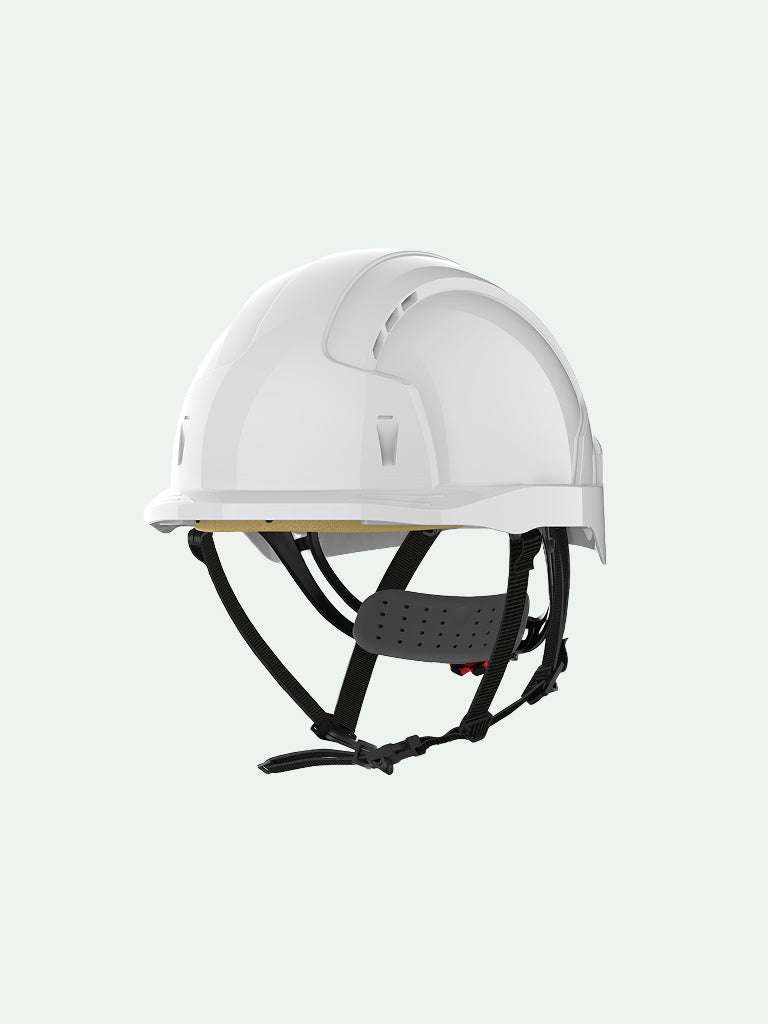 White safety helmet with adjustable fit for construction safety