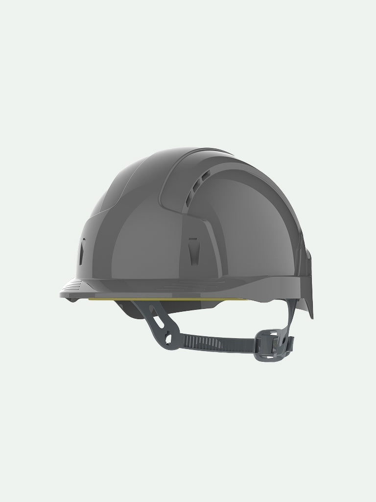 Grey safety helmet with slip ratchet