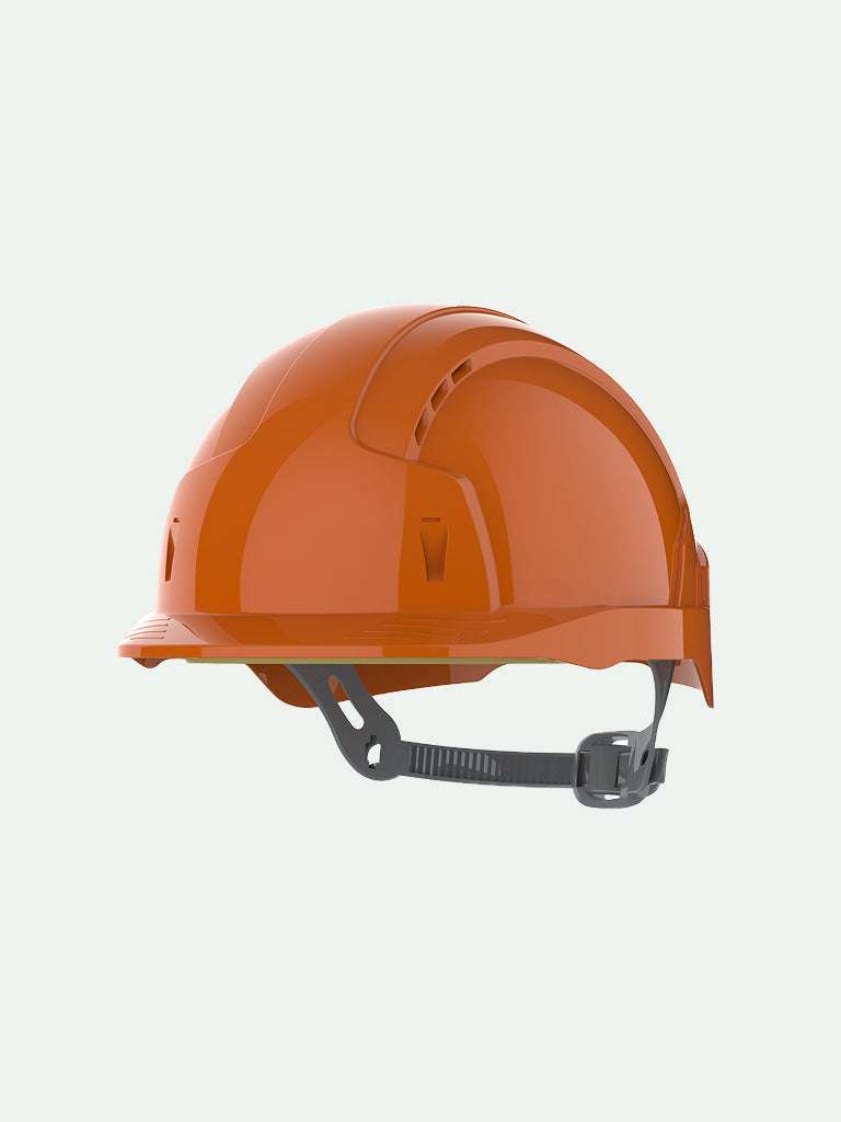 Orange safety helmet with slip ratchet