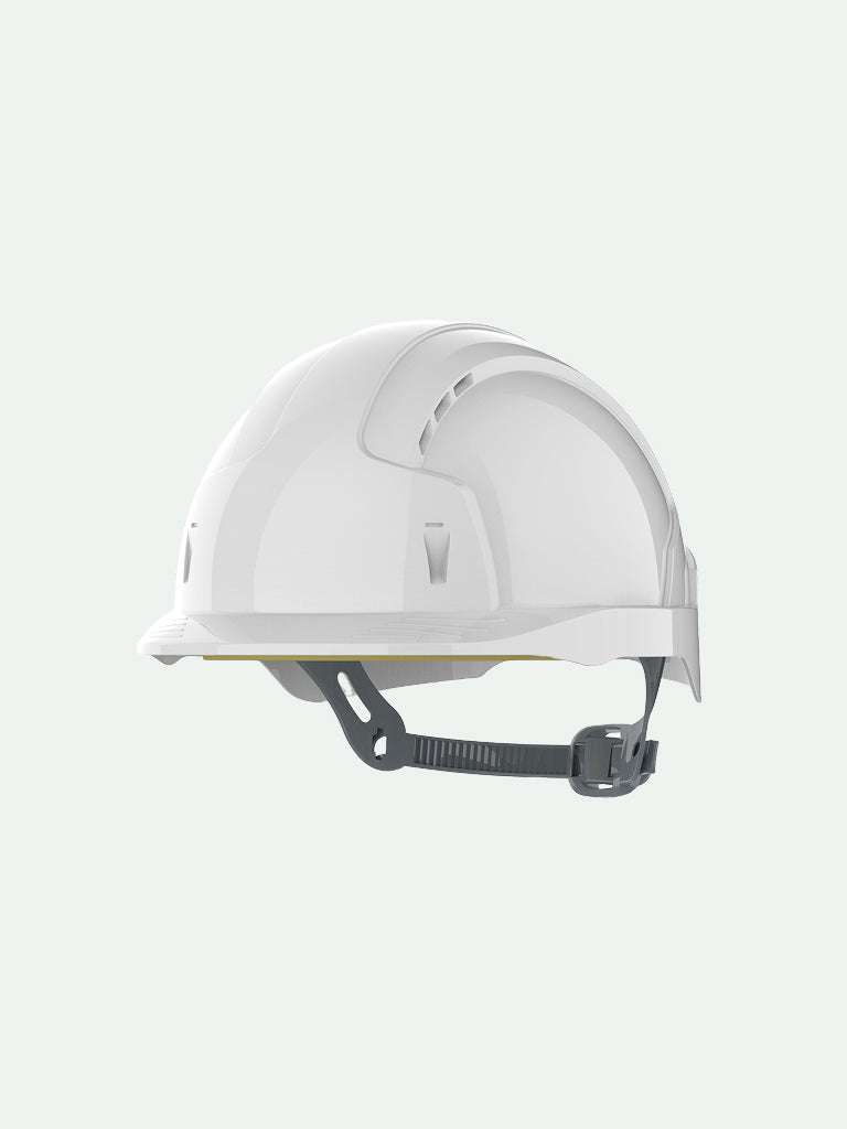 White safety helmet with slip ratchet