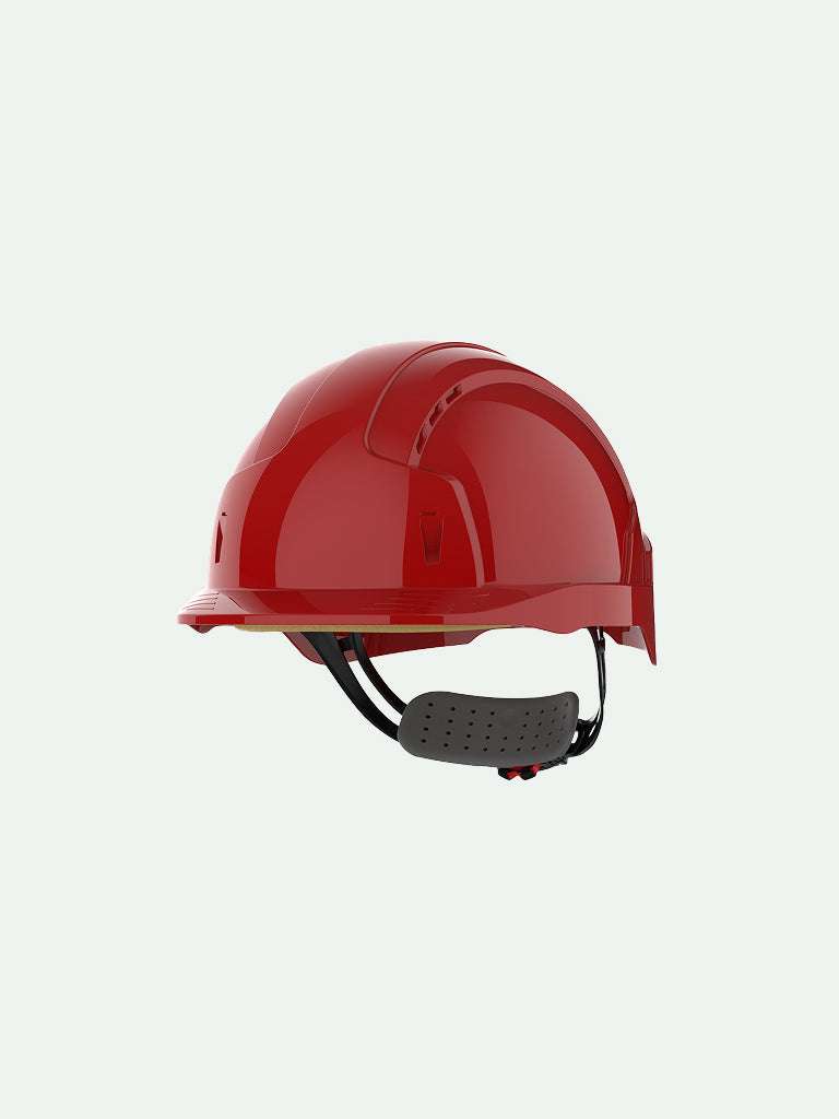 Red safety helmet with wheel ratchet