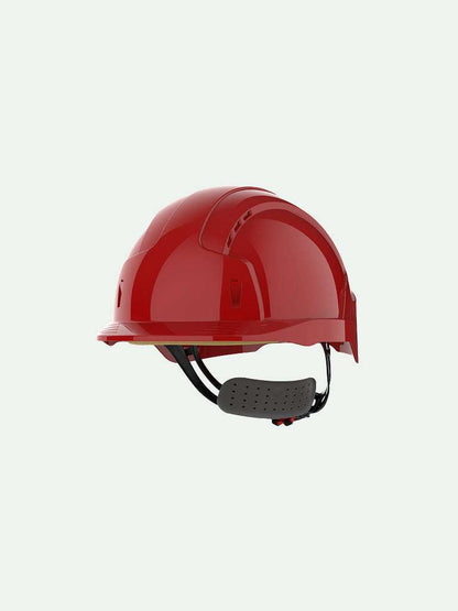 Red safety helmet with wheel ratchet