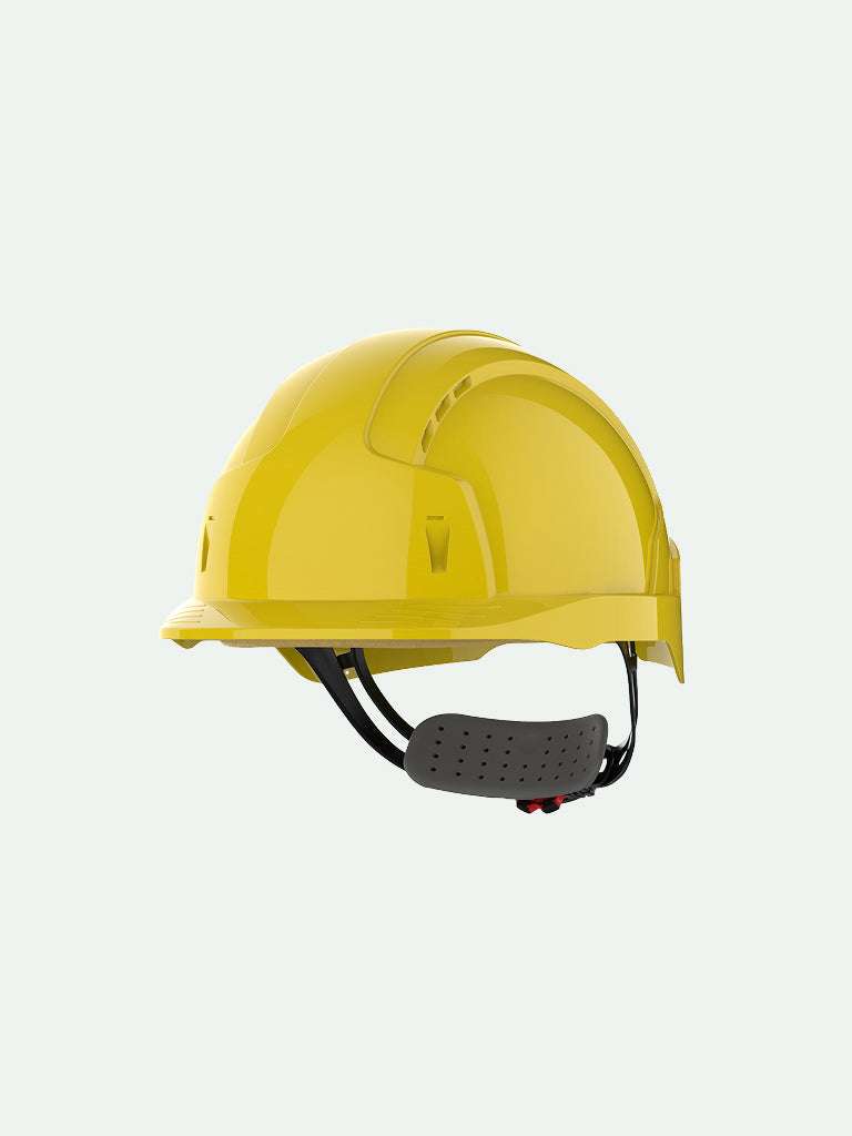 Yellow safety helmet with wheel ratchet