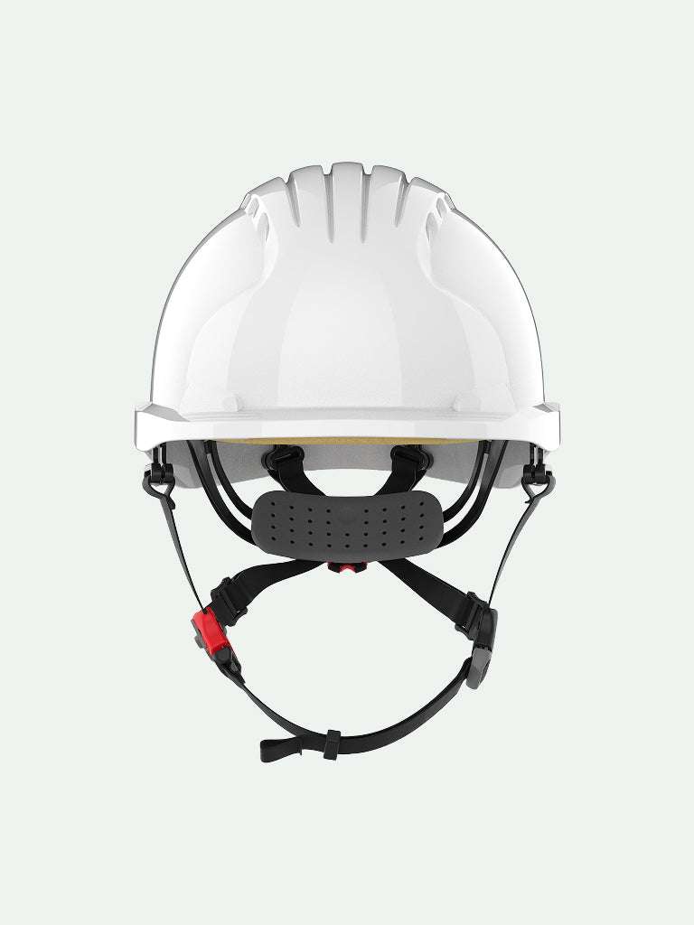 White safety helmet with ventilation and adjustable chin strap