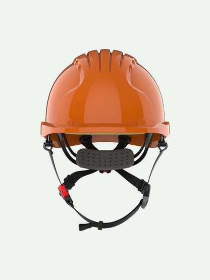 Front view of orange industrial safety helmet with JSP logo and adjustable strap