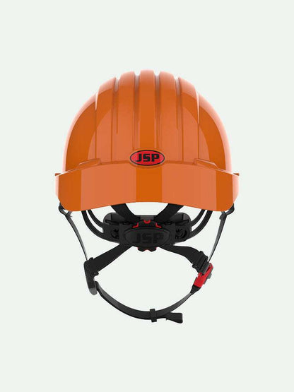 Back view of orange industrial safety helmet with JSP logo and adjustable strap