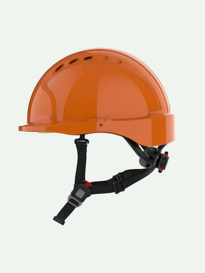 Orange safety helmet with adjustable chin strap and ventilation for work safety