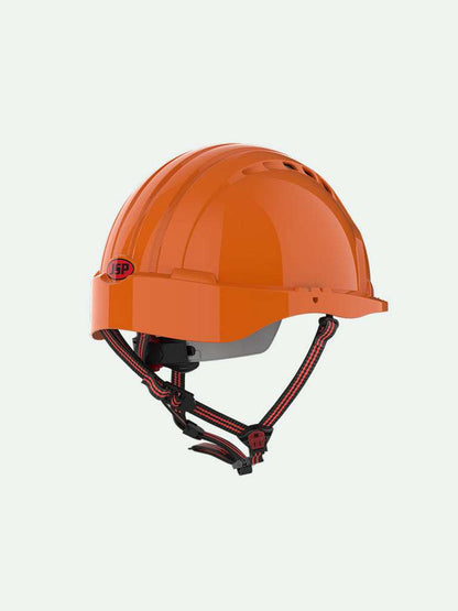 Orange industrial safety helmet with chin strap and adjustable headgear