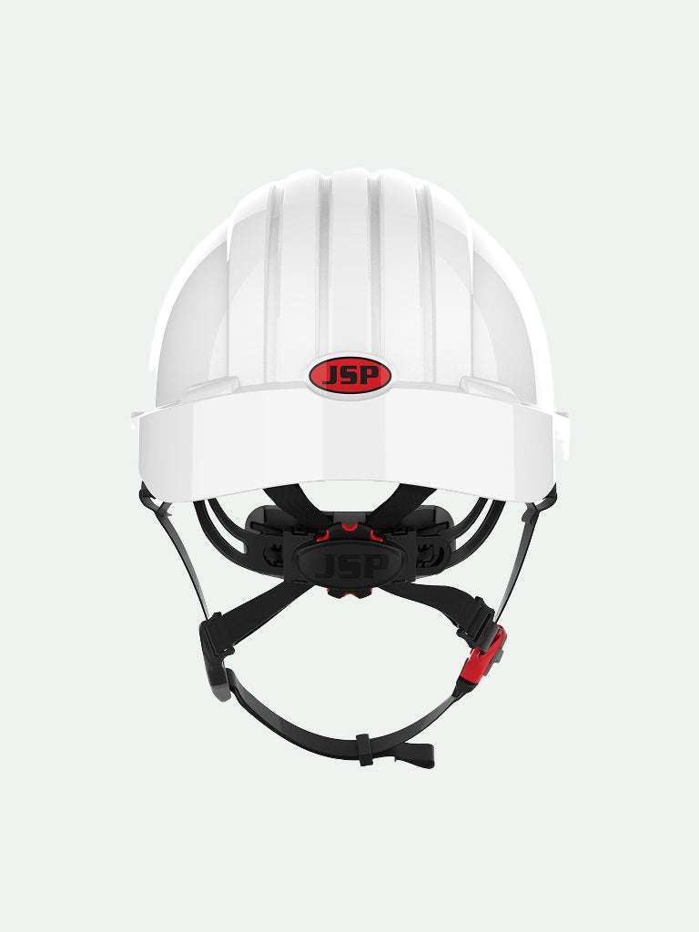 White climbing helmet with adjustable strap and red accents