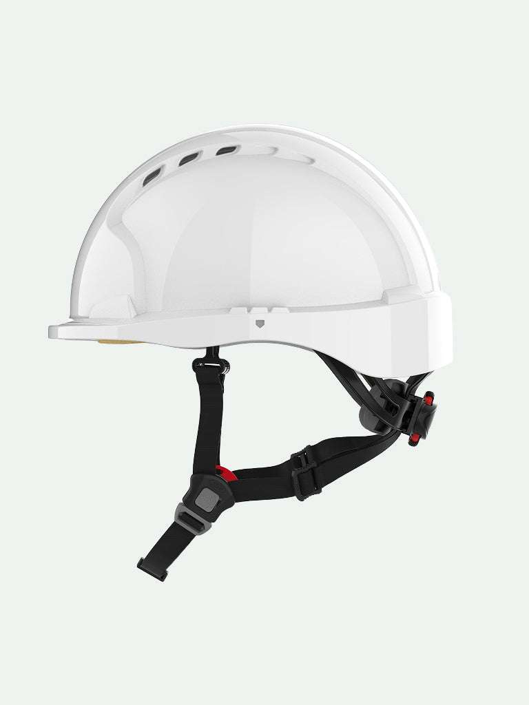 White safety helmet with ventilation holes and adjustable chin strap side view