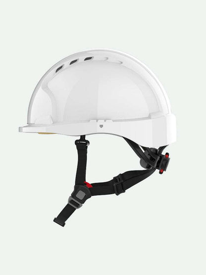 White safety helmet with ventilation holes and adjustable chin strap side view