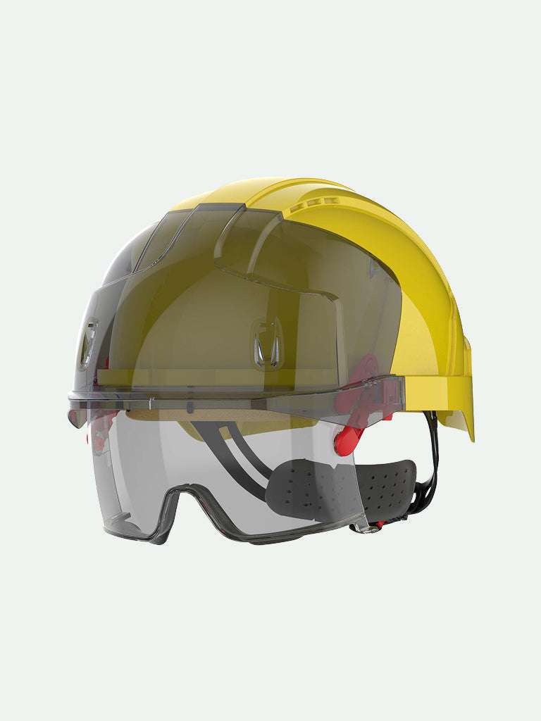 Yellow EVO VistaLens safety helmet with integrated eyewear