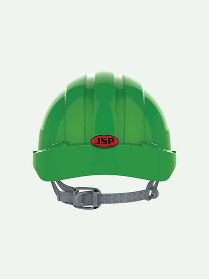 Rear view of green EVO3 safety helmet with slip ratchet system
