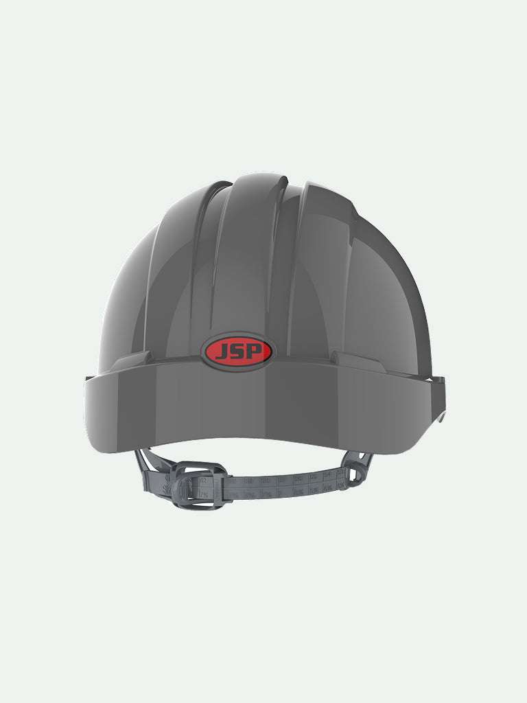 Grey EVO3 safety helmet with slip ratchet and red JSP logo