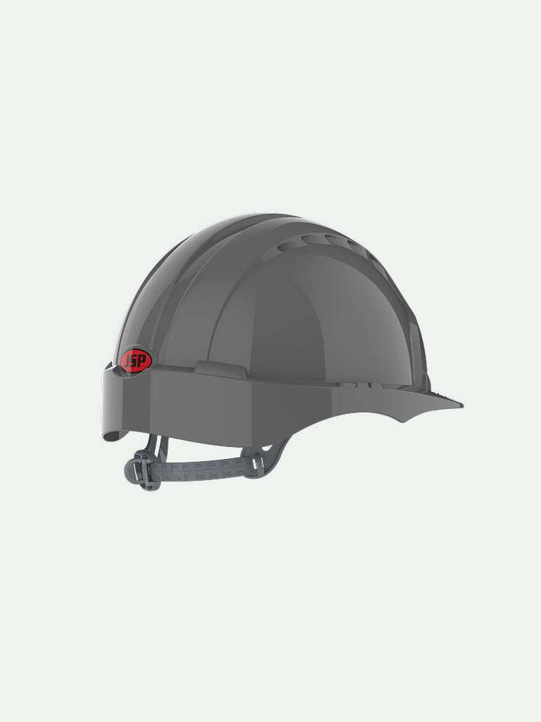 Side view of grey EVO3 safety helmet with adjustable strap