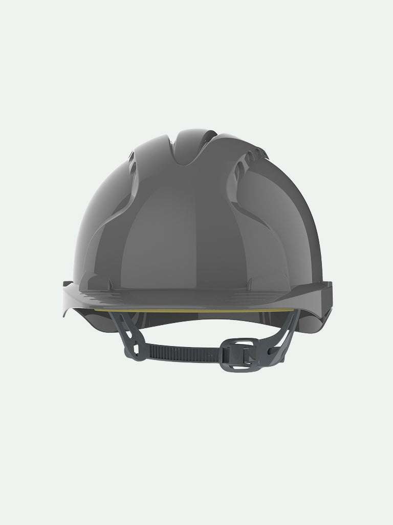 Front view of grey EVO3 safety helmet with ventilation