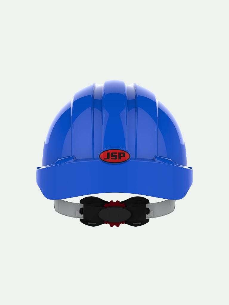 Rear view of Blue EVO3 safety helmet with wheel ratchet