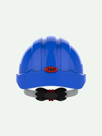 Rear view of Blue EVO3 safety helmet with wheel ratchet