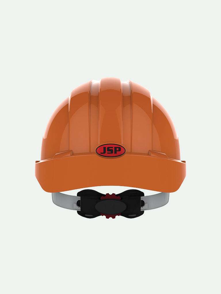Rear view of Orange EVO3 safety helmet with wheel ratchet