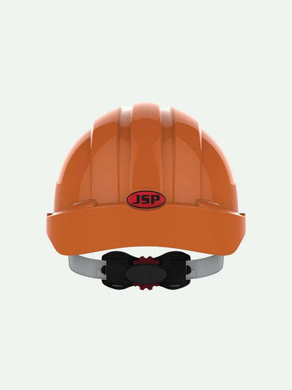 Rear view of Orange EVO3 safety helmet with wheel ratchet