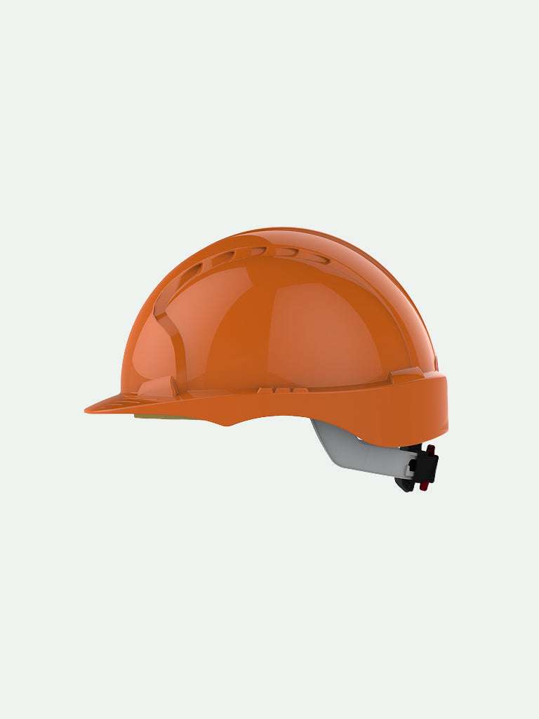 Side view of orange EVO3 safety helmet with adjustable wheel ratchet