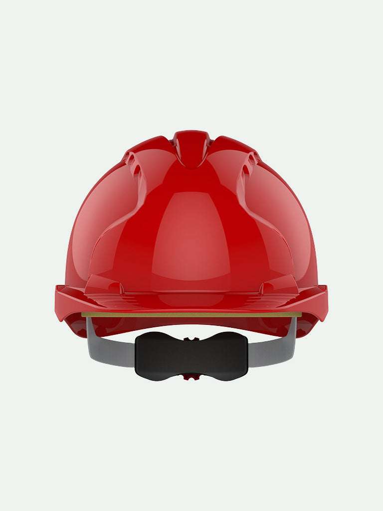 Front view of red EVO®3 Safety Helmet with adjustable strap