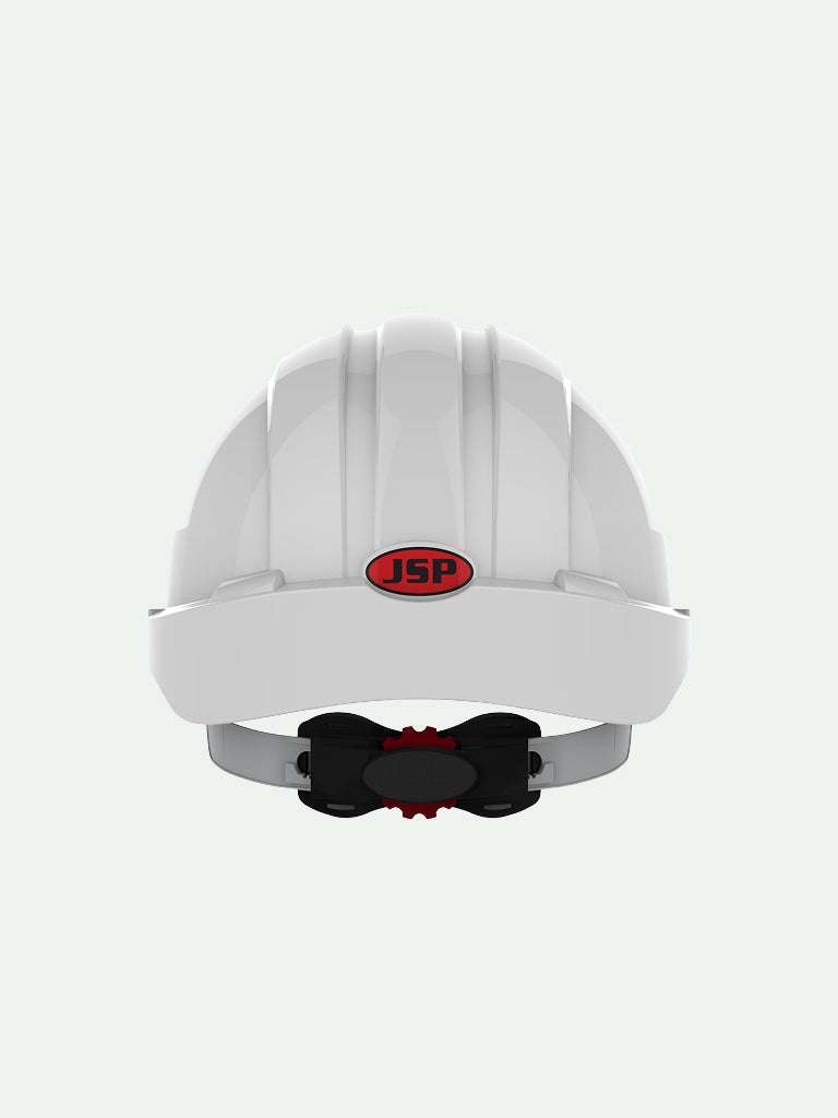 White EVO3 safety helmet with JSP logo and wheel ratchet