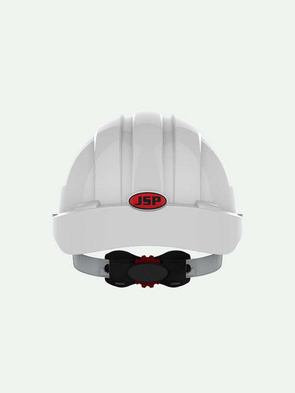 White EVO3 safety helmet with JSP logo and wheel ratchet
