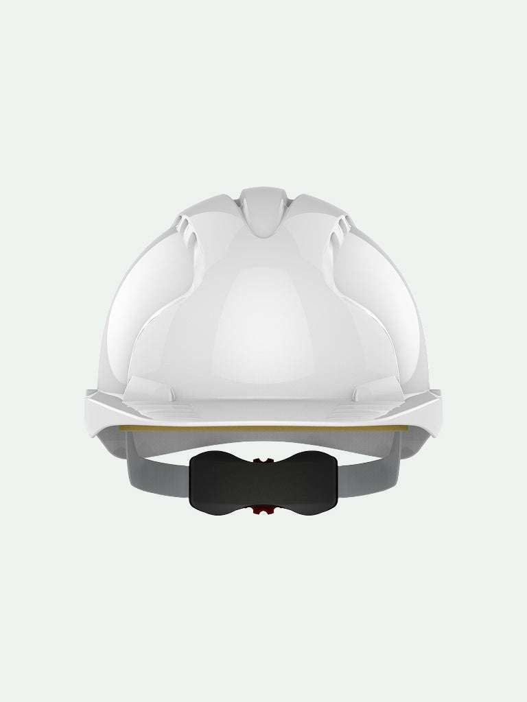 Front view of White EVO3 safety helmet with adjustable wheel ratchet system