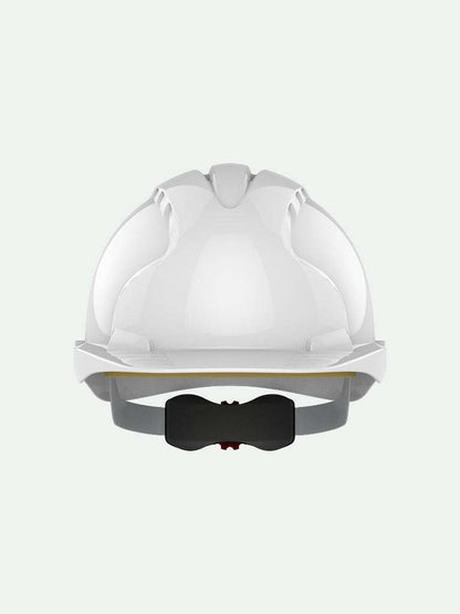 Front view of White EVO3 safety helmet with adjustable wheel ratchet system