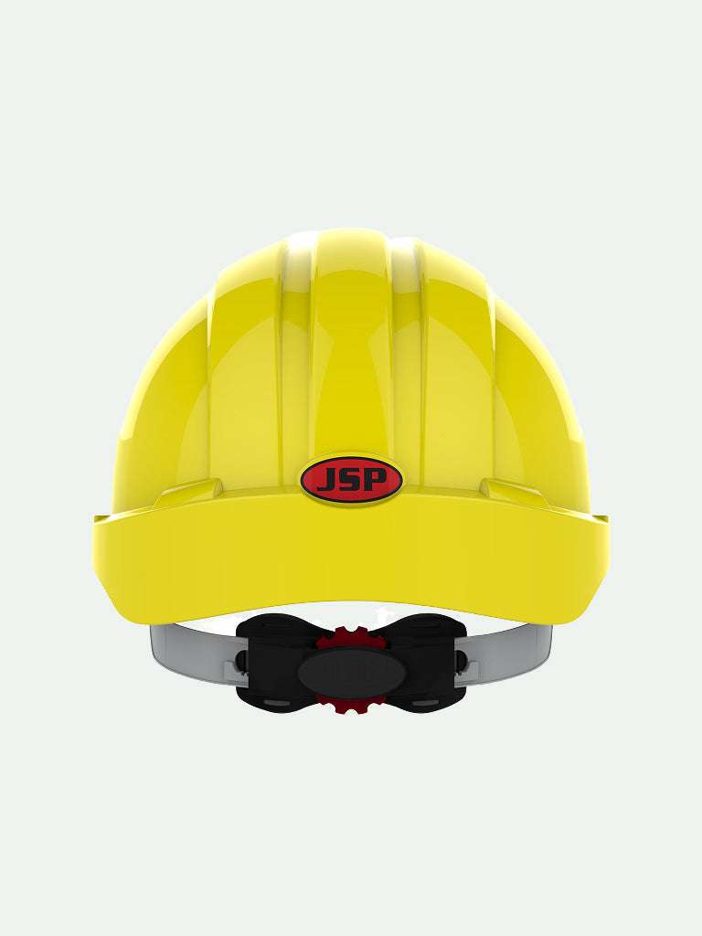 Yellow JSP safety helmet with wheel ratchet