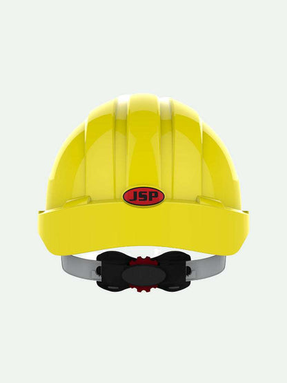 Yellow JSP safety helmet with wheel ratchet