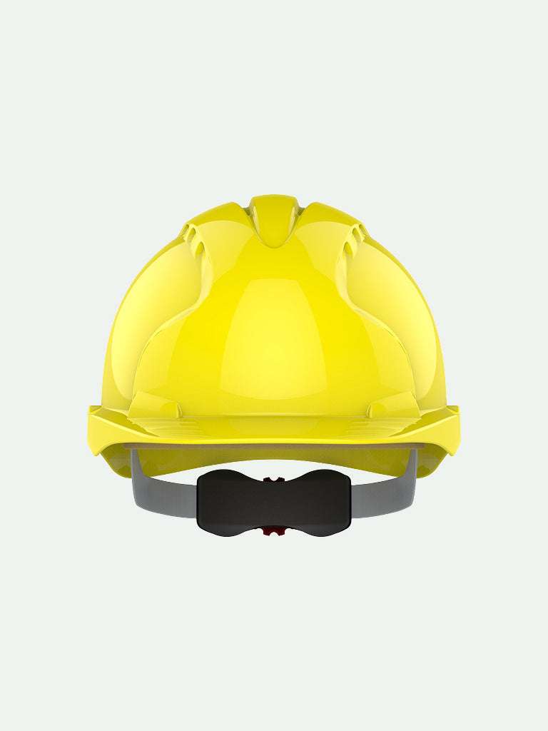 Yellow JSP safety helmet with wheel ratchet