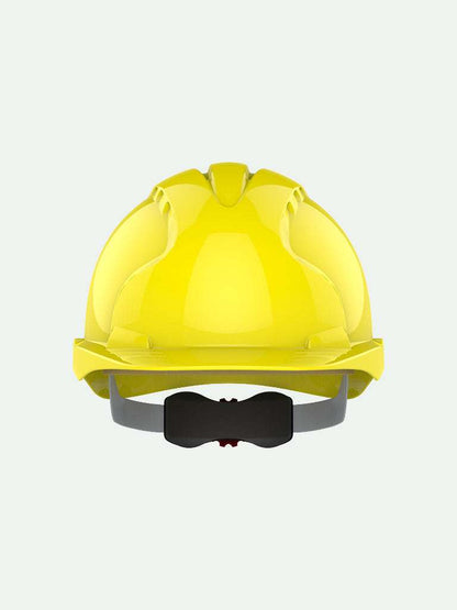Yellow JSP safety helmet with wheel ratchet
