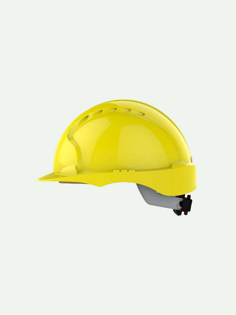 Side view of Yellow JSP safety helmet with wheel ratchet