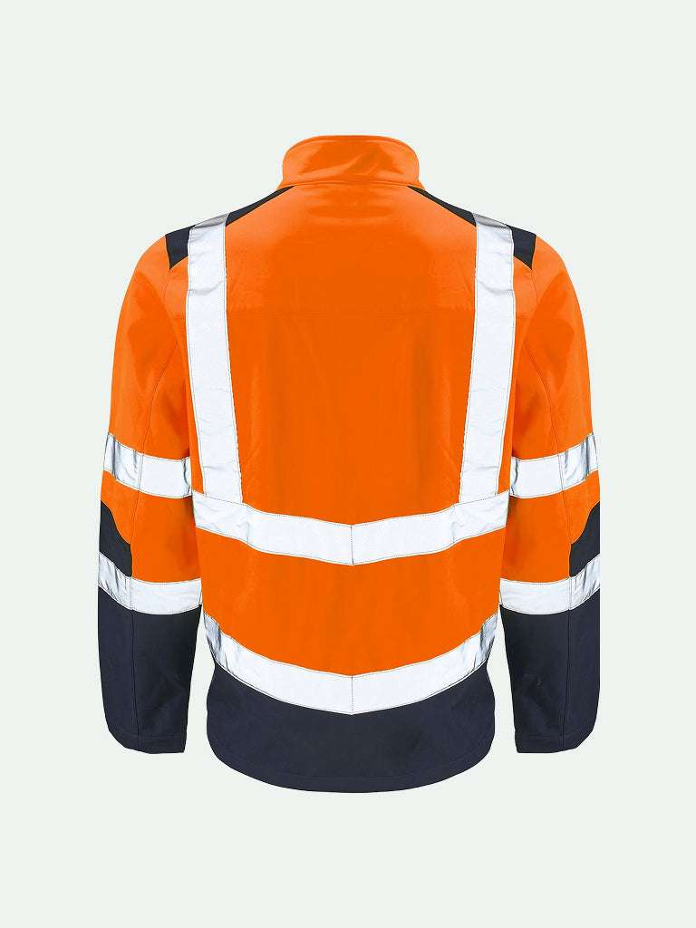 hi-vis two tone softshell jacket in orange and navy rear view