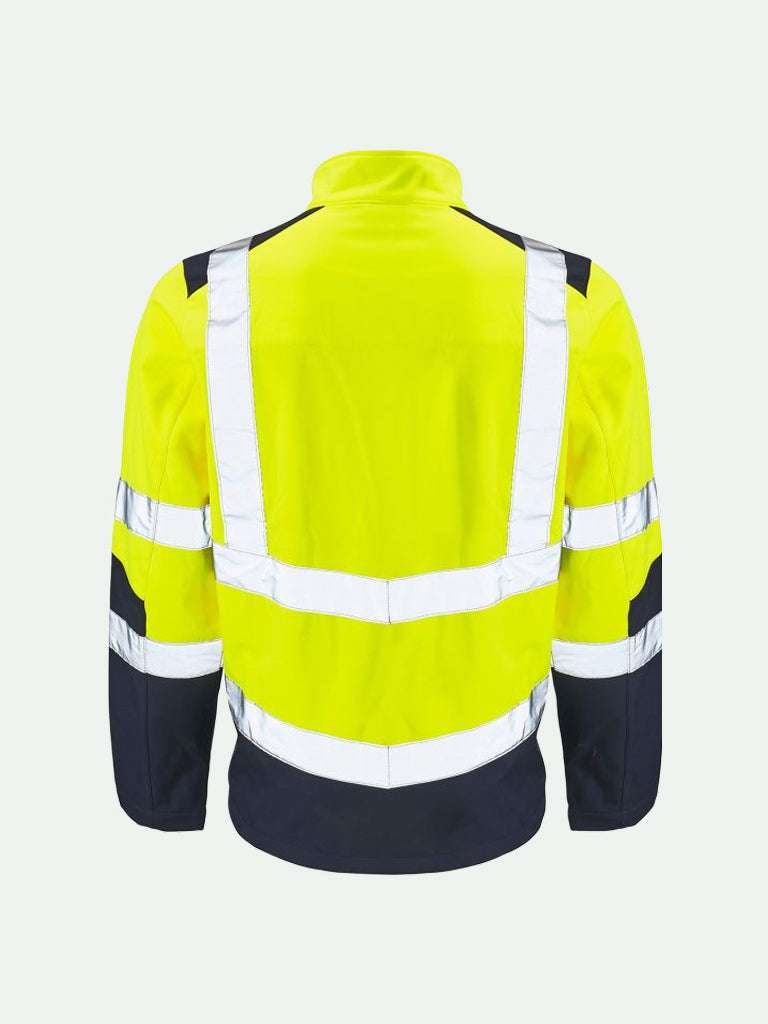 hi-vis two tone softshell jacket in yellow and navy rear view