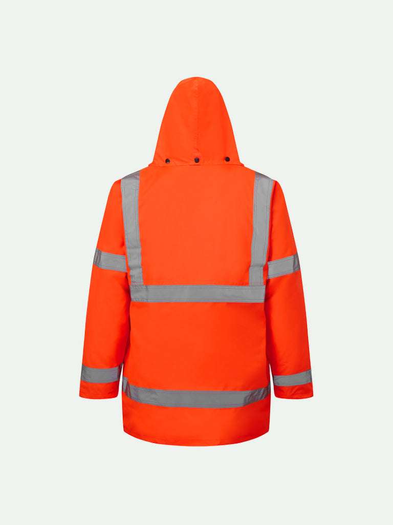 Standard hi-vis traffic parka jacket in orange rear view