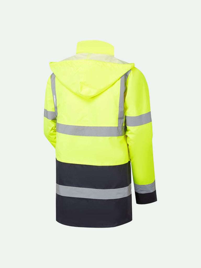 Standard hi-vis traffic parka jacket in two tone yellow and navy rear view