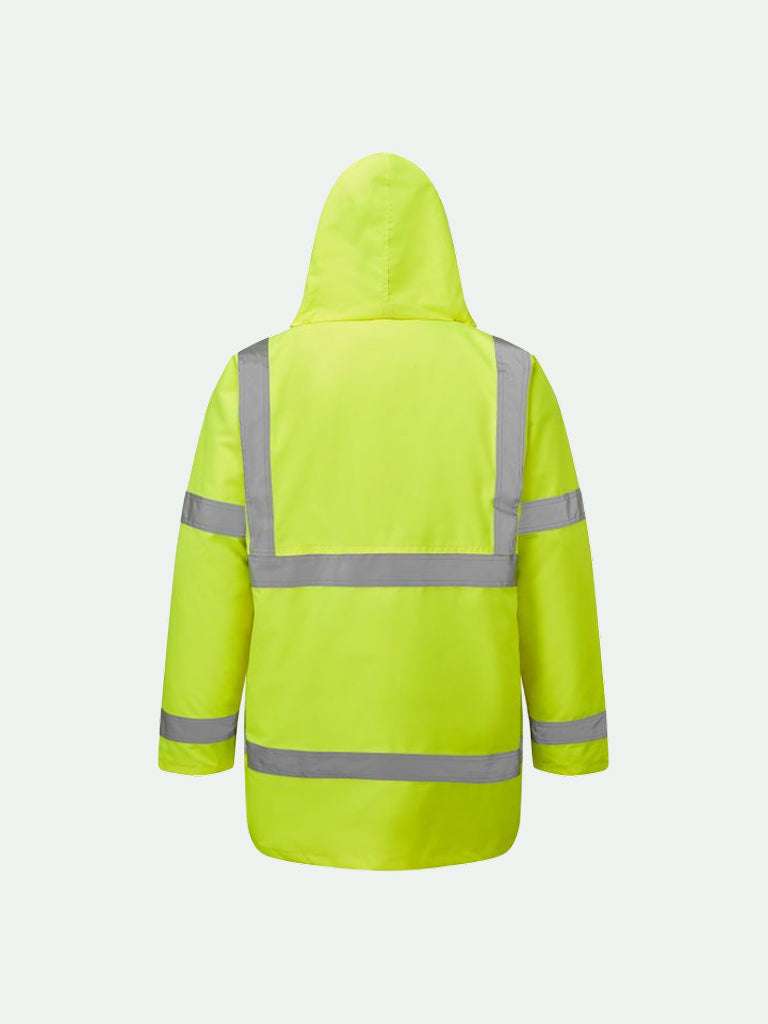 Standard hi-vis traffic parka jacket in yellow rear view