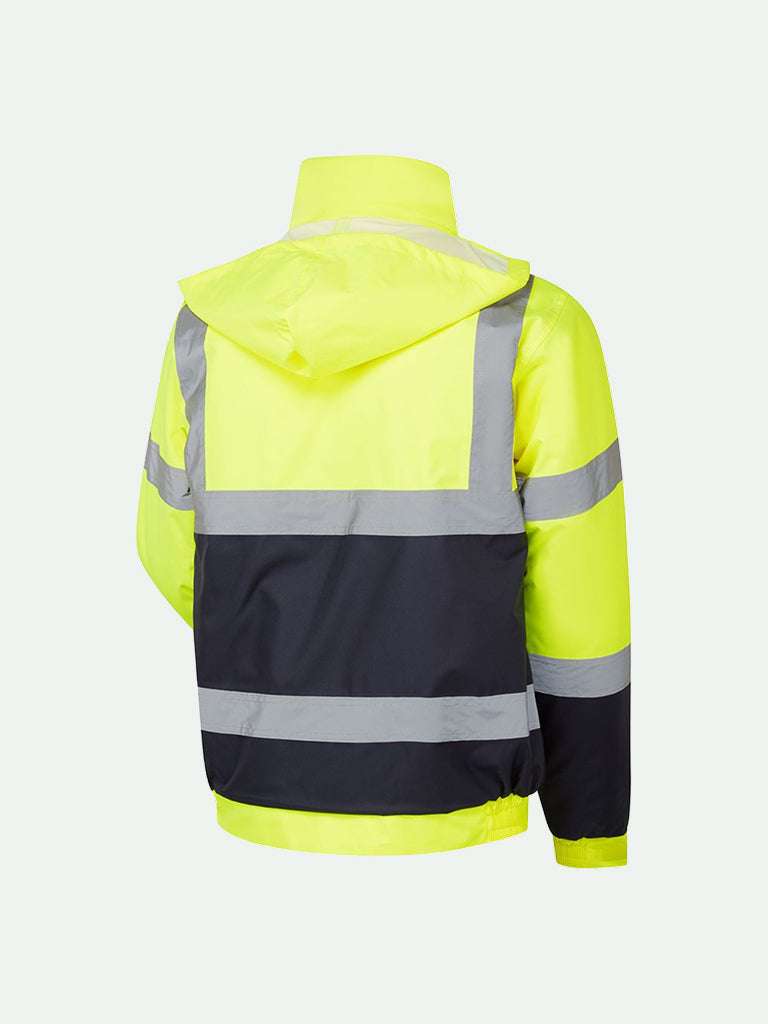 Hi-Vis Two Tone Bomber Jacket in yellow and navy rear view