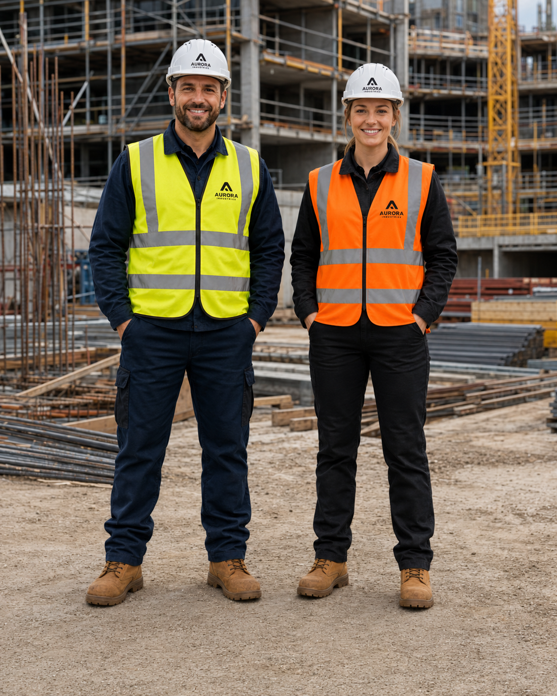 man and woman wearing white hard hats and hi-vis clothing with branding in front of a construction site